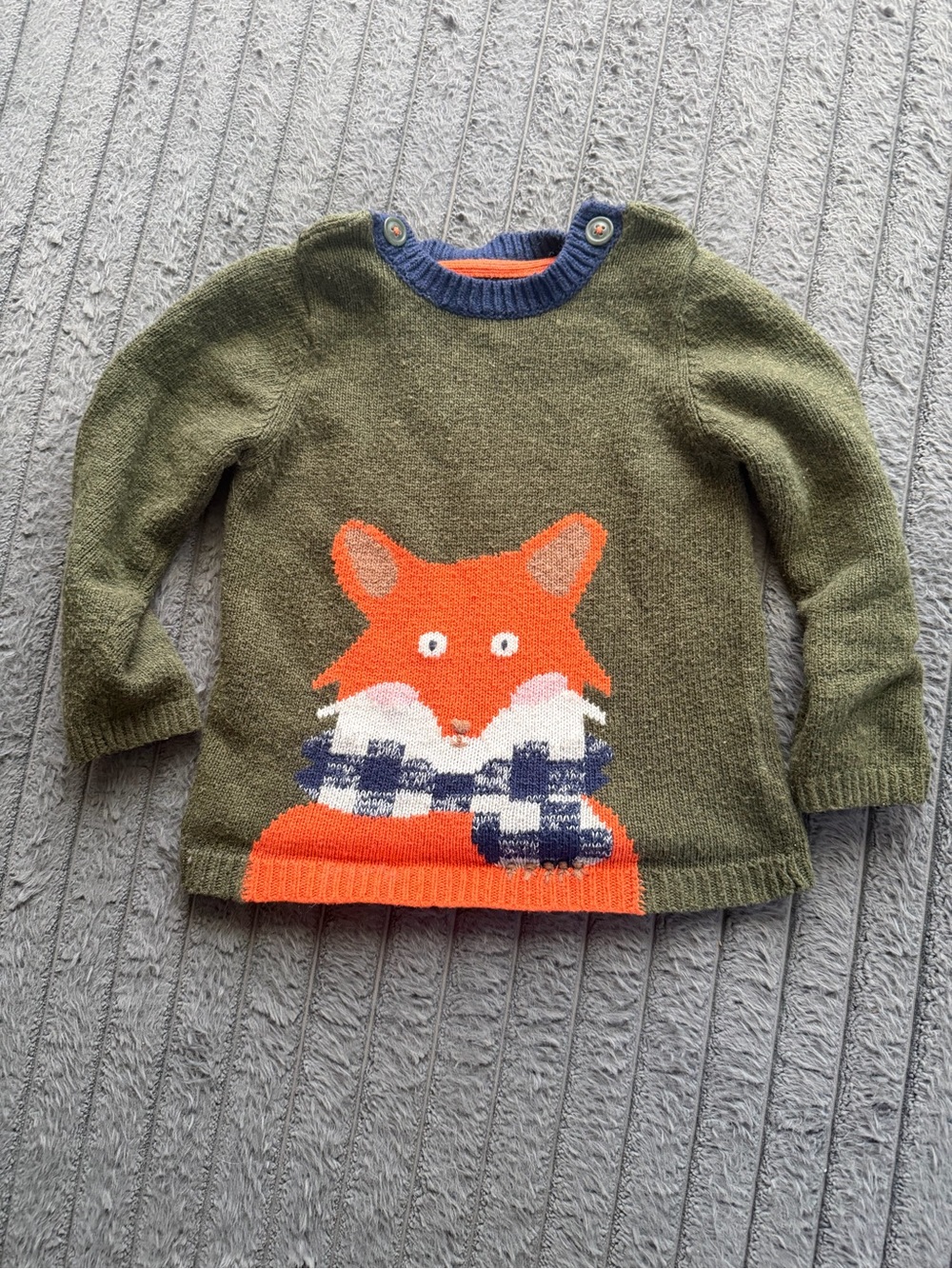Baby Boden Olive Green Fox Sweater with Orange Fox and Navy Trim